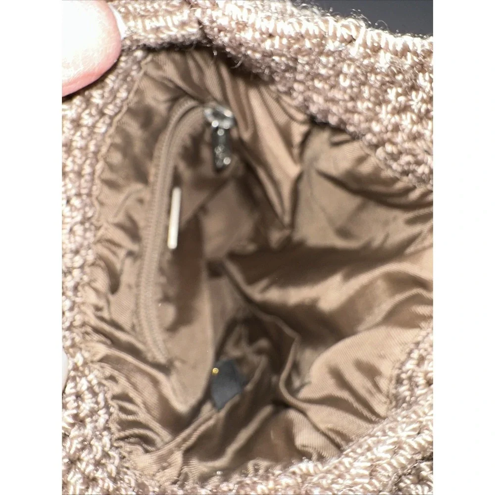 The Sak  Small Crocheted Bucket Purse Drawstring Backpack Boho Bag Beige